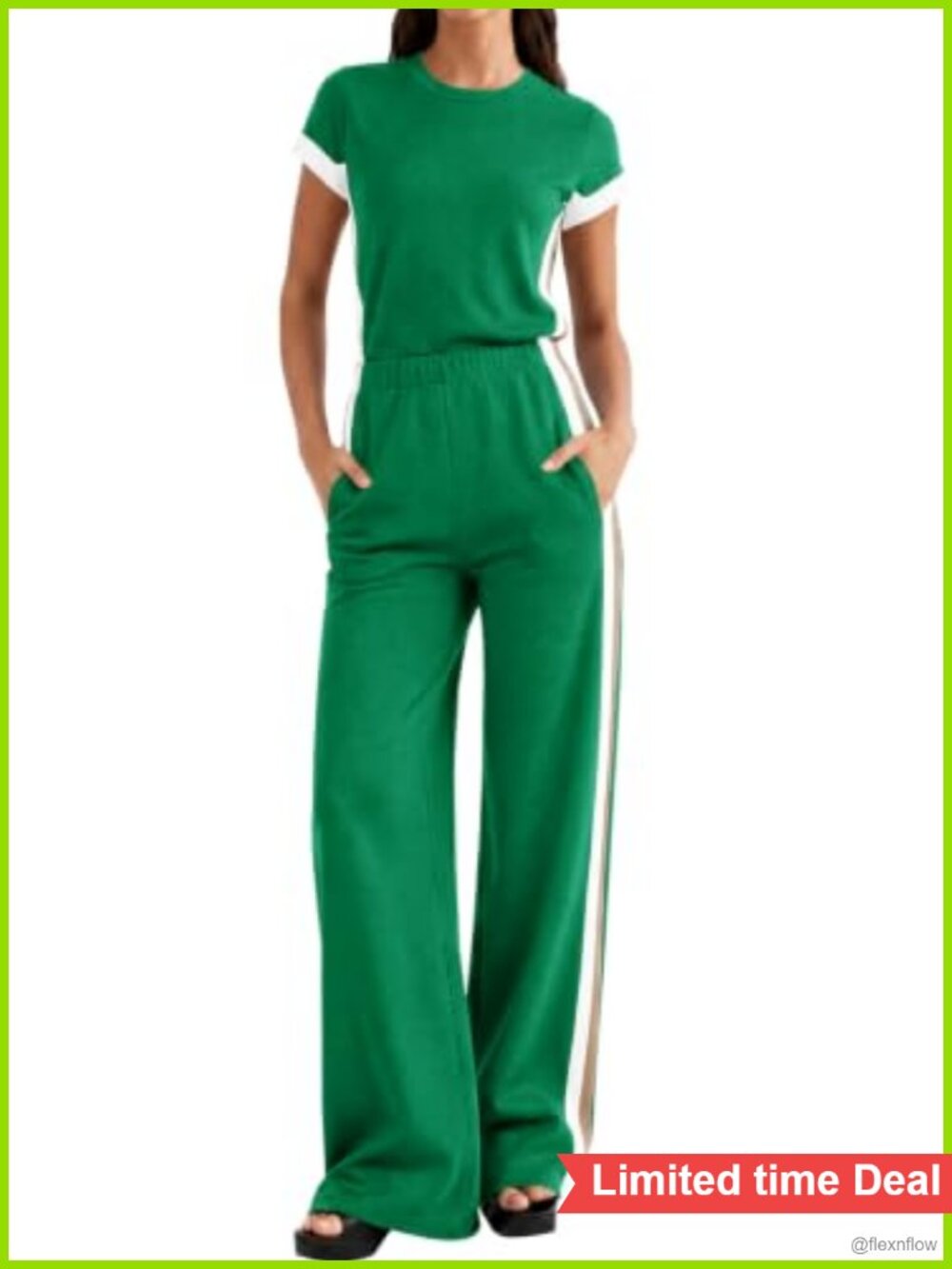 Fisoew Women One Piece Jumpsuit Wide Leg Short Sleeve Crewneck Color Block